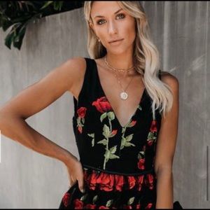 Rose Appliqué Embroidered V-Neck Dress 🌹